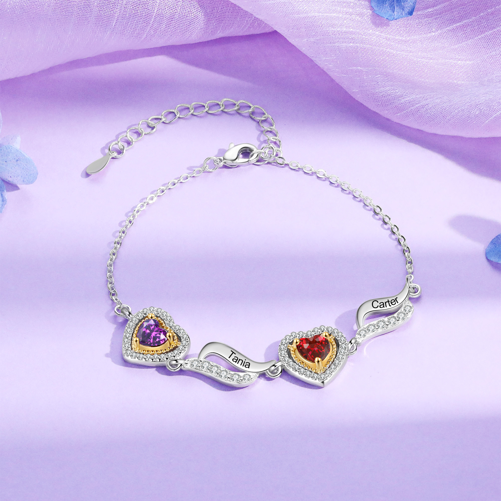 Personalisierte 2- 4 Namen & 2-4 Geburtssteinen Herz Armband mit Zirkonia
