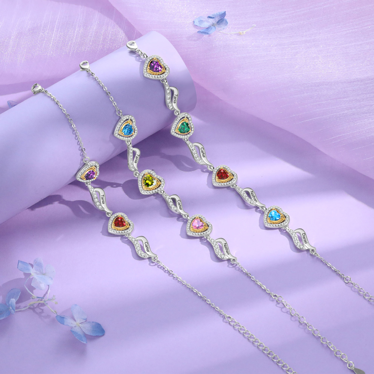 Personalisierte 2- 4 Namen & 2-4 Geburtssteinen Herz Armband mit Zirkonia
