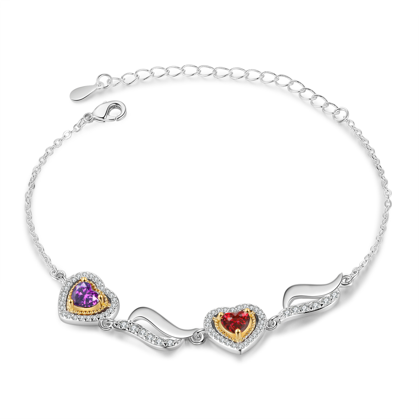 Personalisierte 2- 4 Namen & 2-4 Geburtssteinen Herz Armband mit Zirkonia