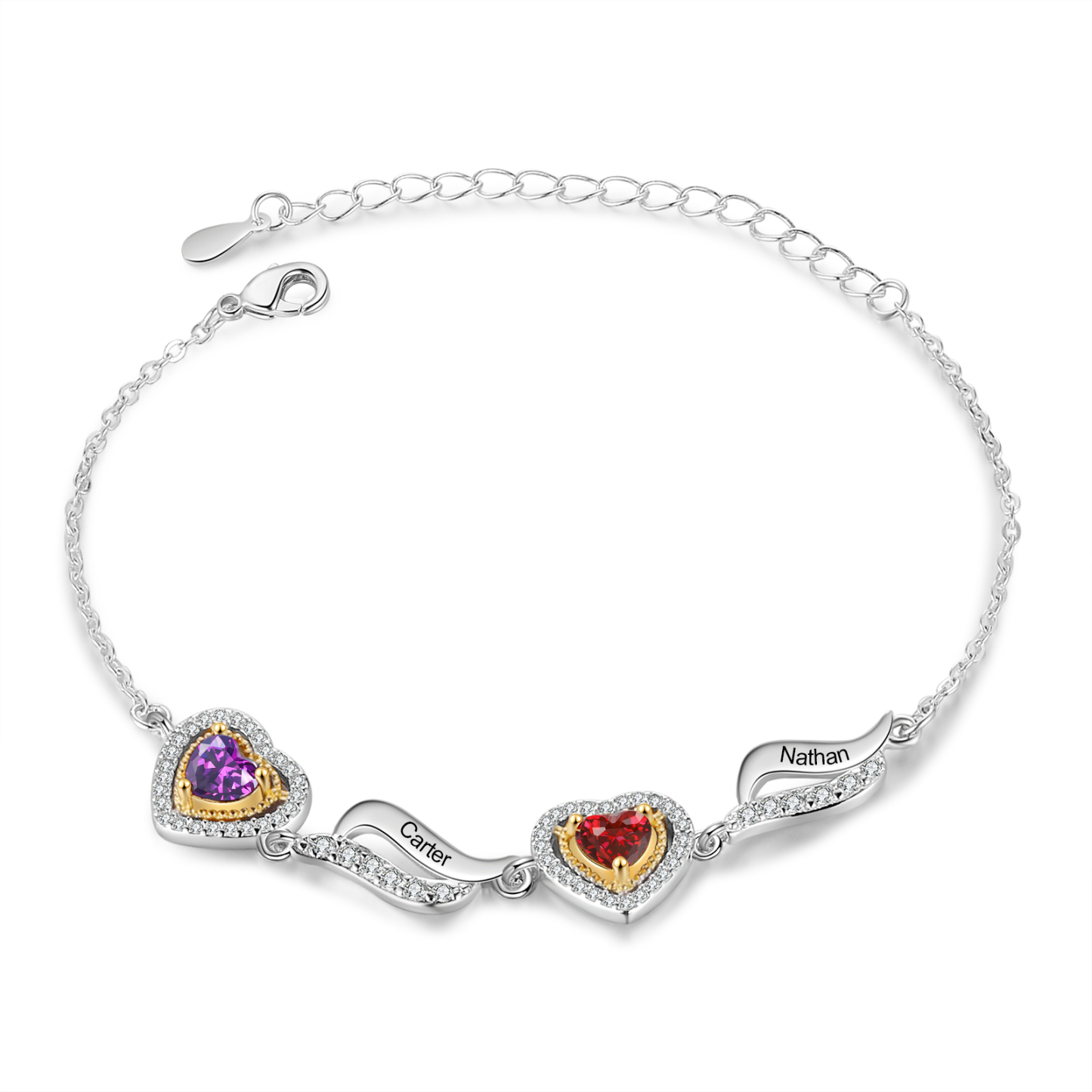 Personalisierte 2- 4 Namen & 2-4 Geburtssteinen Herz Armband mit Zirko