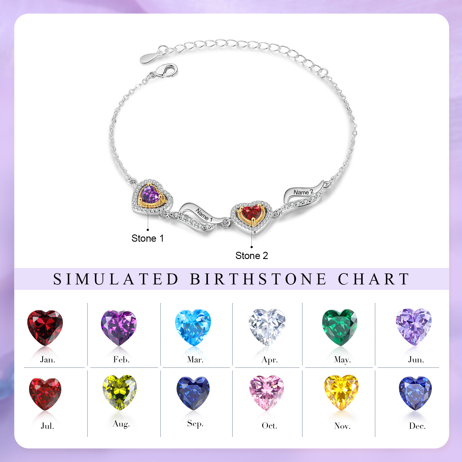Personalisierte 2- 4 Namen & 2-4 Geburtssteinen Herz Armband mit Zirkonia