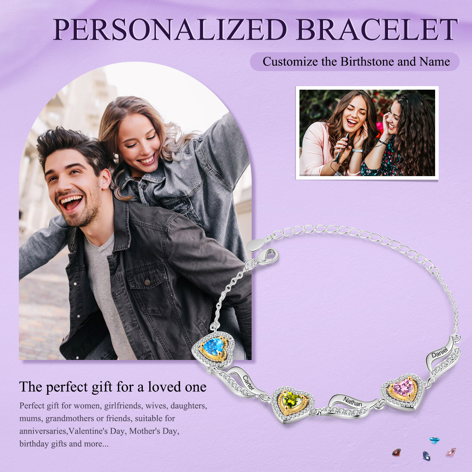 Personalisierte 2- 4 Namen & 2-4 Geburtssteinen Herz Armband mit Zirkonia
