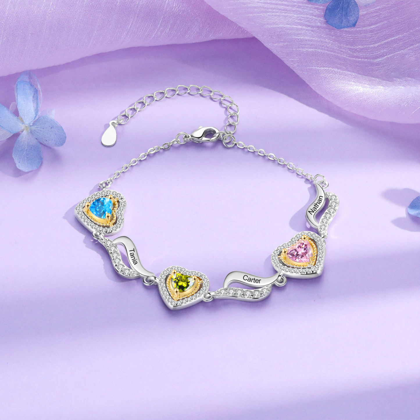 Personalisierte 2- 4 Namen & 2-4 Geburtssteinen Herz Armband mit Zirkonia