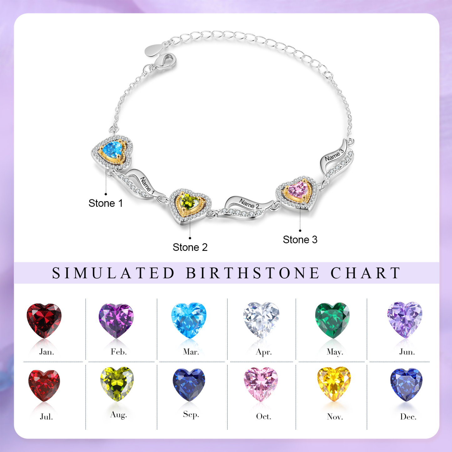 Personalisierte 2- 4 Namen & 2-4 Geburtssteinen Herz Armband mit Zirkonia