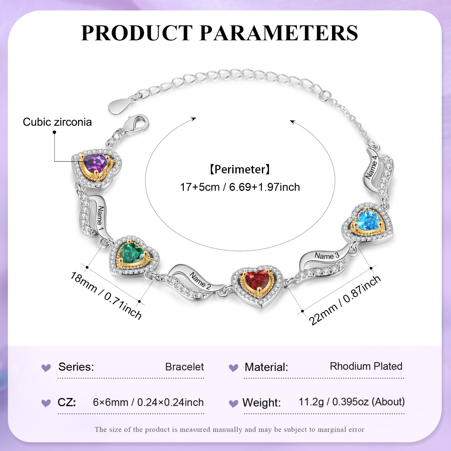 Personalisierte 2- 4 Namen & 2-4 Geburtssteinen Herz Armband mit Zirkonia