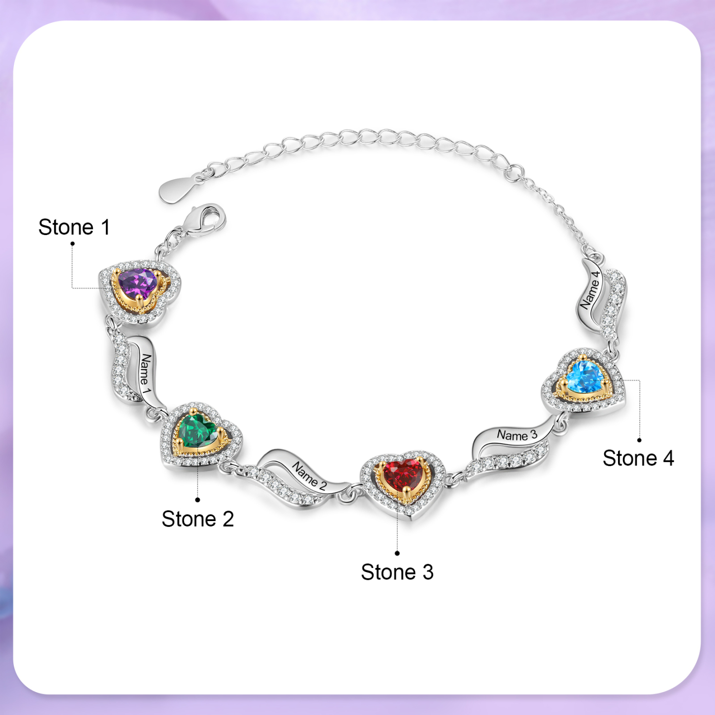 Personalisierte 2- 4 Namen & 2-4 Geburtssteinen Herz Armband mit Zirkonia