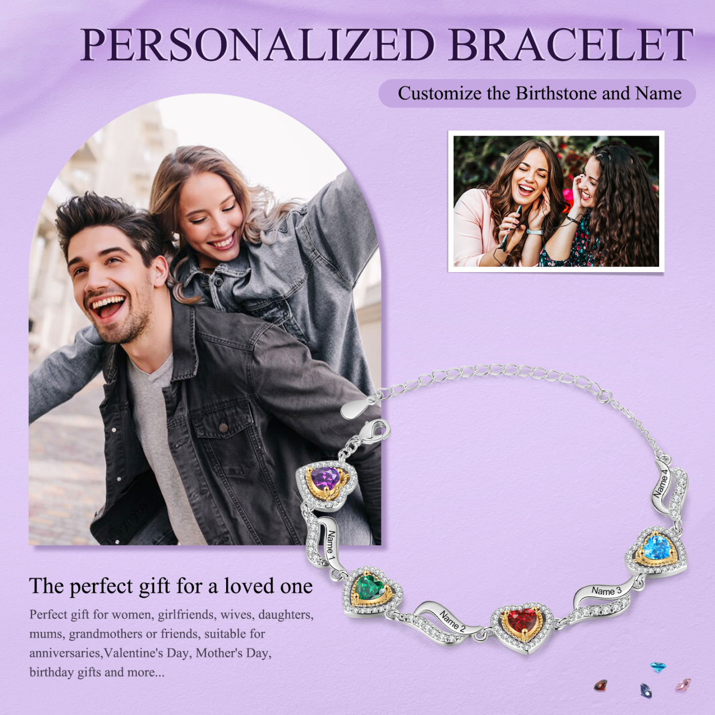 Personalisierte 2- 4 Namen & 2-4 Geburtssteinen Herz Armband mit Zirkonia