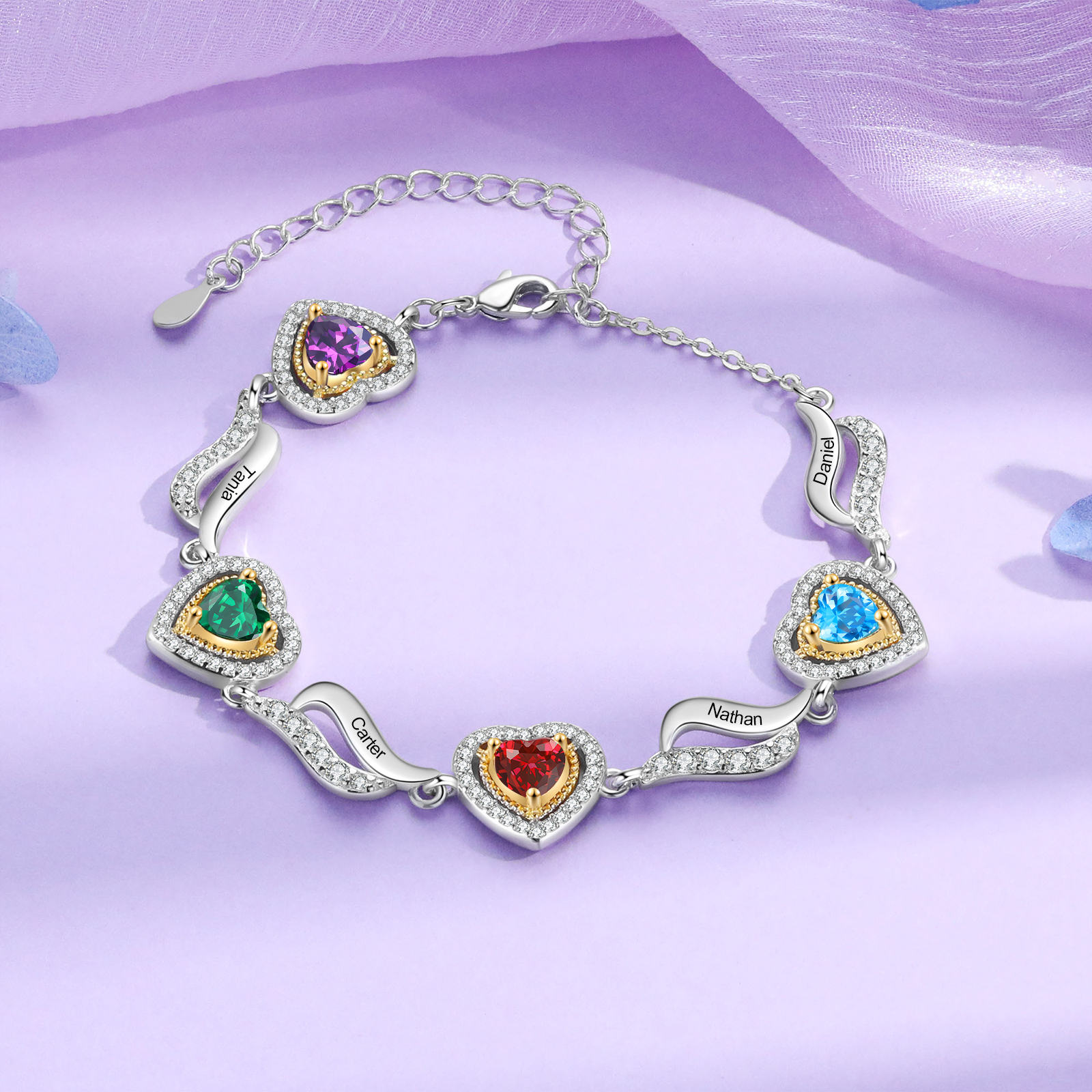 Personalisierte 2- 4 Namen & 2-4 Geburtssteinen Herz Armband mit Zirkonia