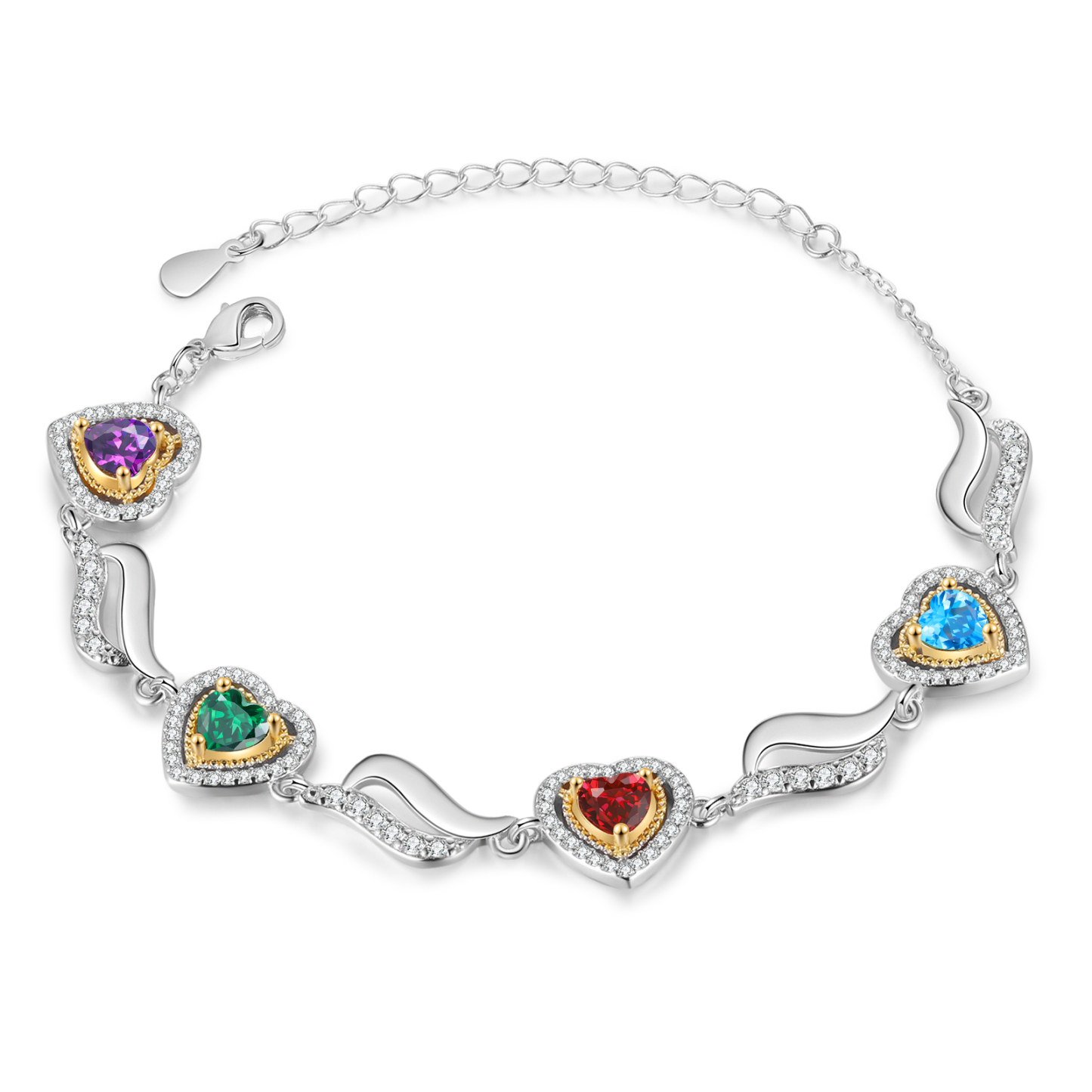 Personalisierte 2- 4 Namen & 2-4 Geburtssteinen Herz Armband mit Zirkonia