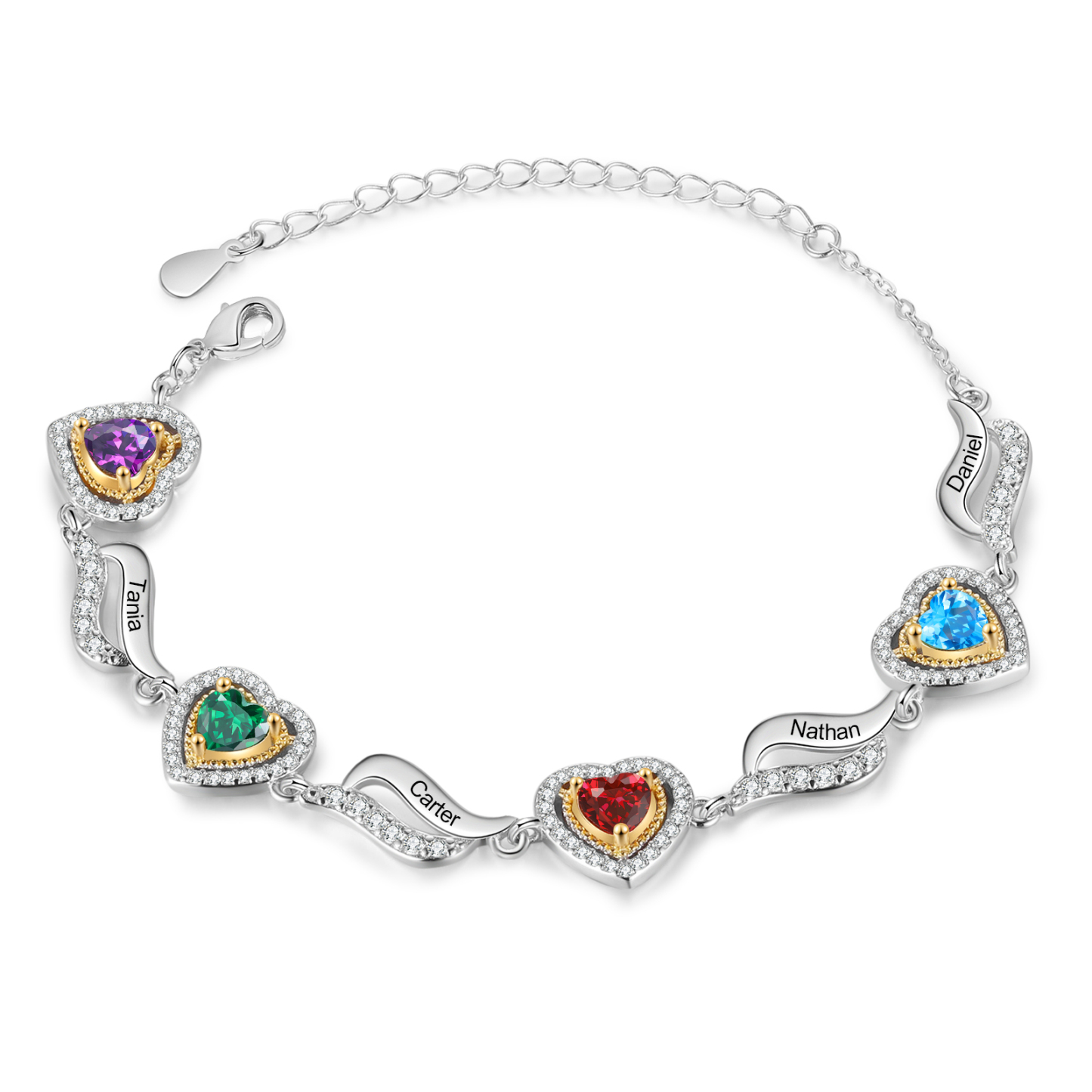 Personalisierte 2- 4 Namen & 2-4 Geburtssteinen Herz Armband mit Zirkonia