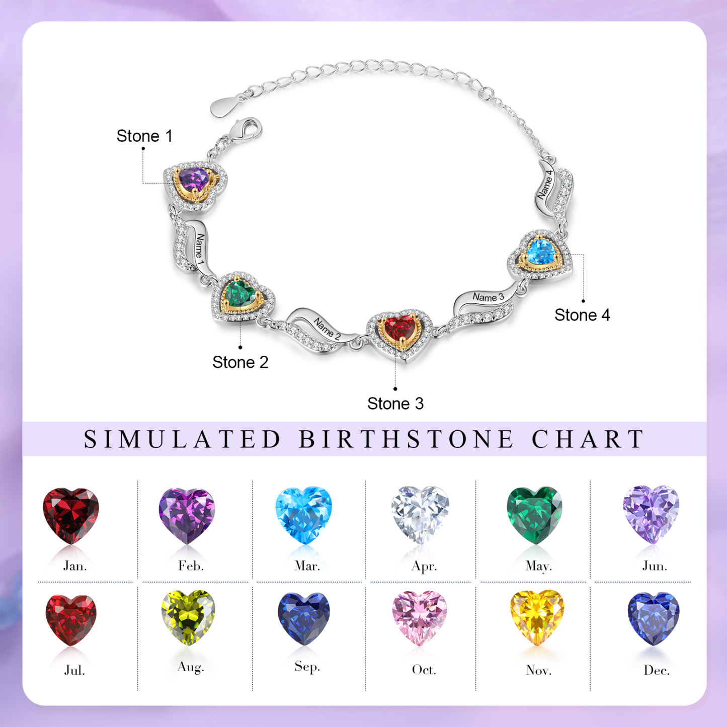 Personalisierte 2- 4 Namen & 2-4 Geburtssteinen Herz Armband mit Zirkonia