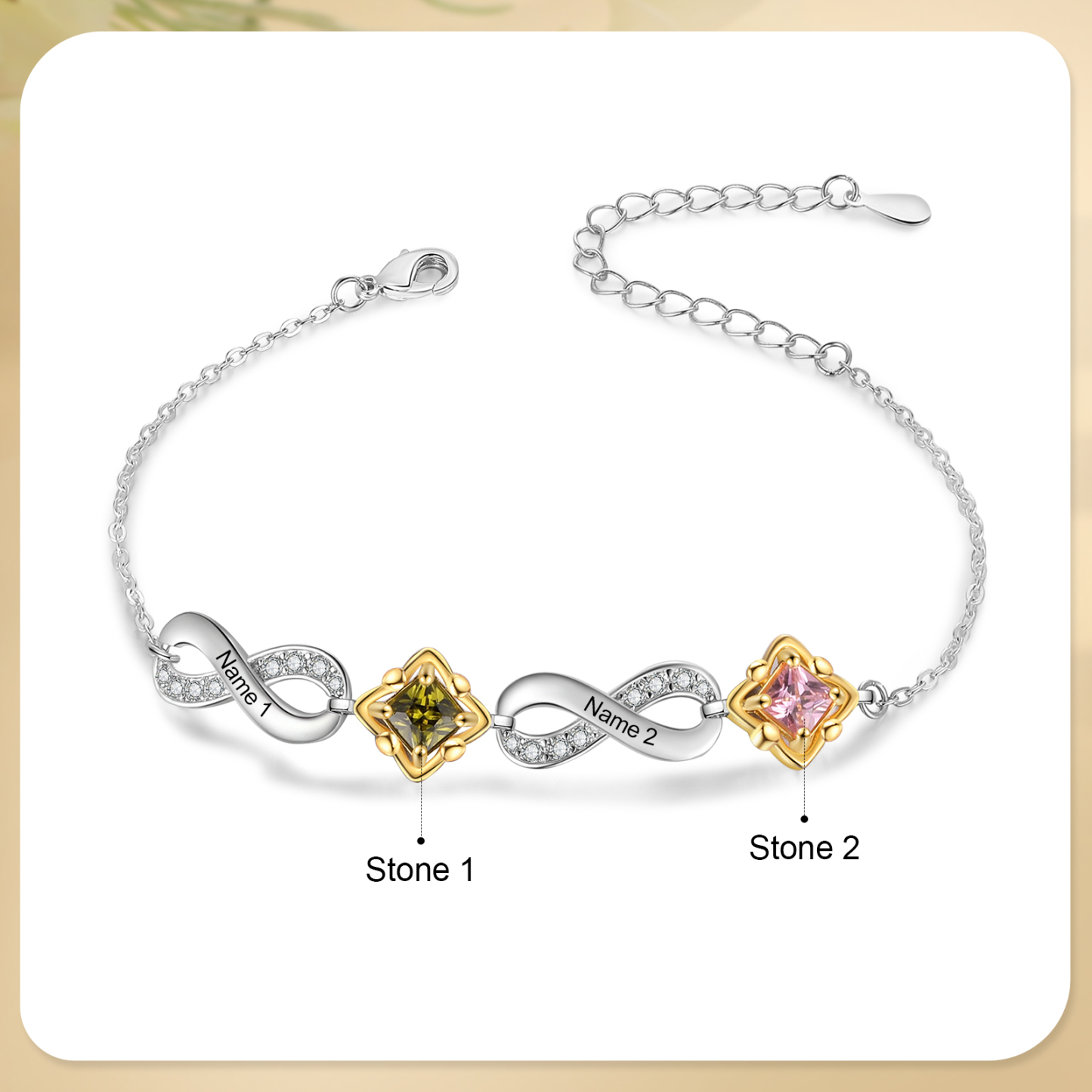 Personalisierte 2-4 Namen & Geburtsstein Unendlichkeit Armband mit Zirkonia