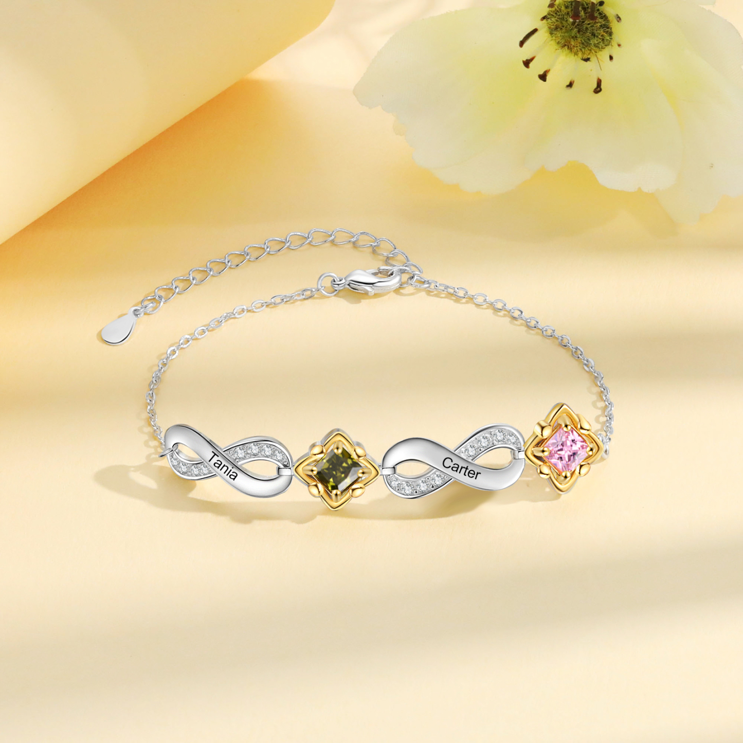 Personalisierte 2-4 Namen & Geburtsstein Unendlichkeit Armband mit Zirkonia