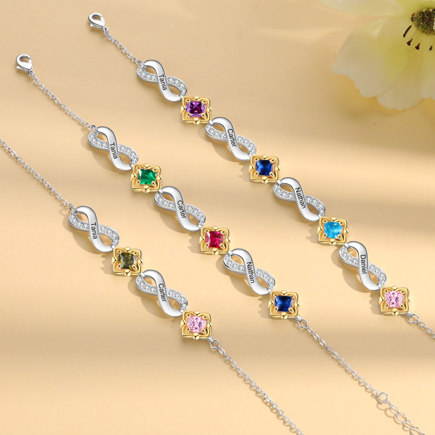 Personalisierte 2-4 Namen & Geburtsstein Unendlichkeit Armband mit Zirkonia