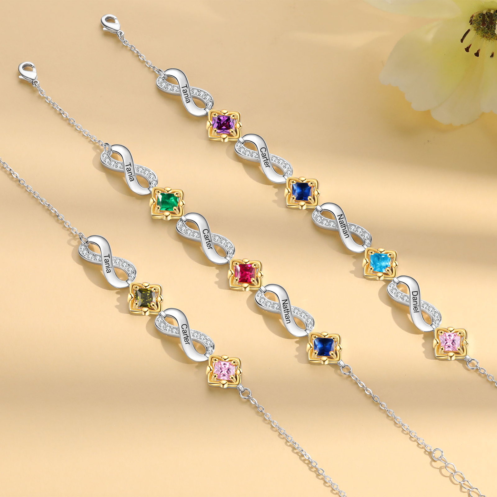 Personalisierte 2-4 Namen & Geburtsstein Unendlichkeit Armband mit Zirkonia