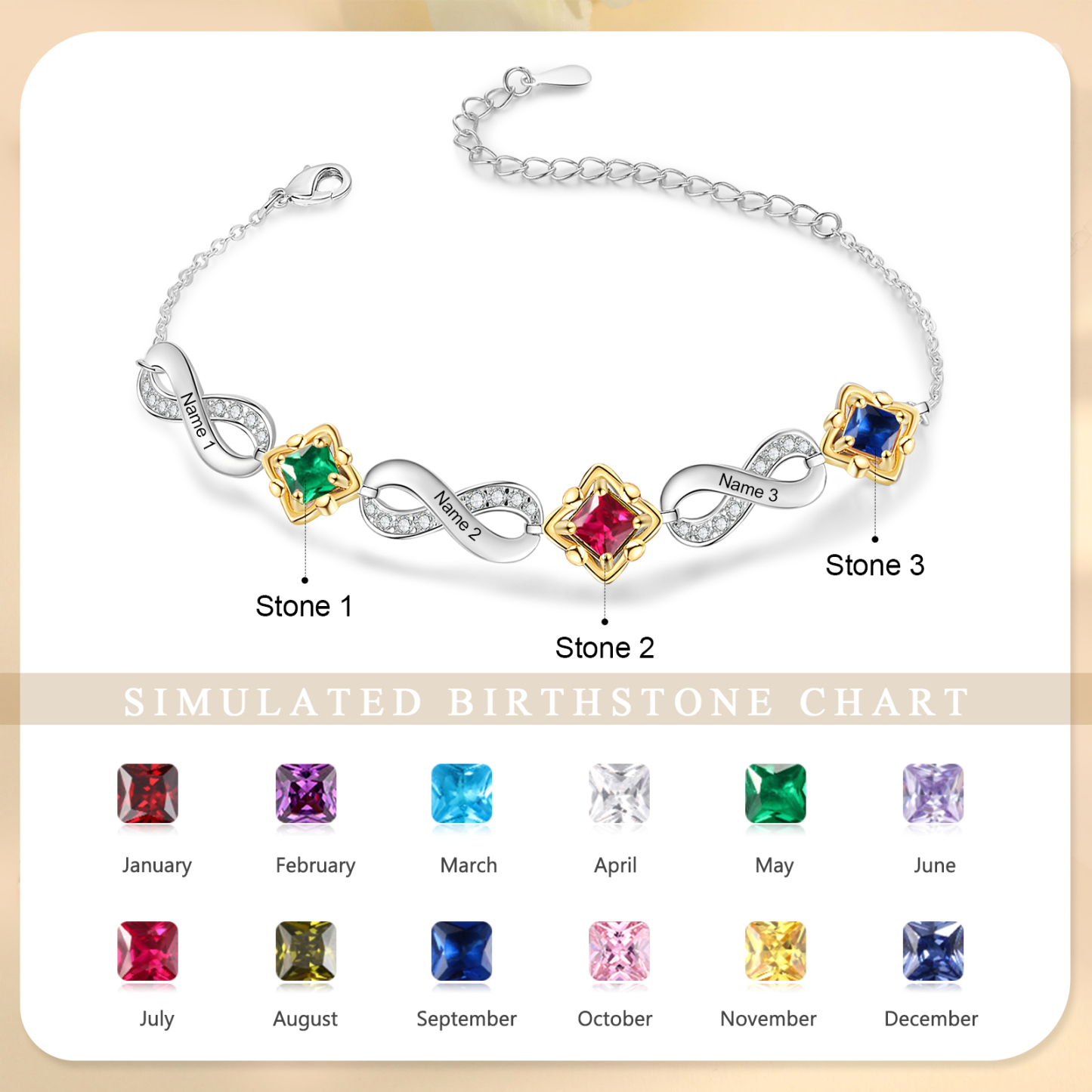 Personalisierte 2-4 Namen & Geburtsstein Unendlichkeit Armband mit Zirkonia