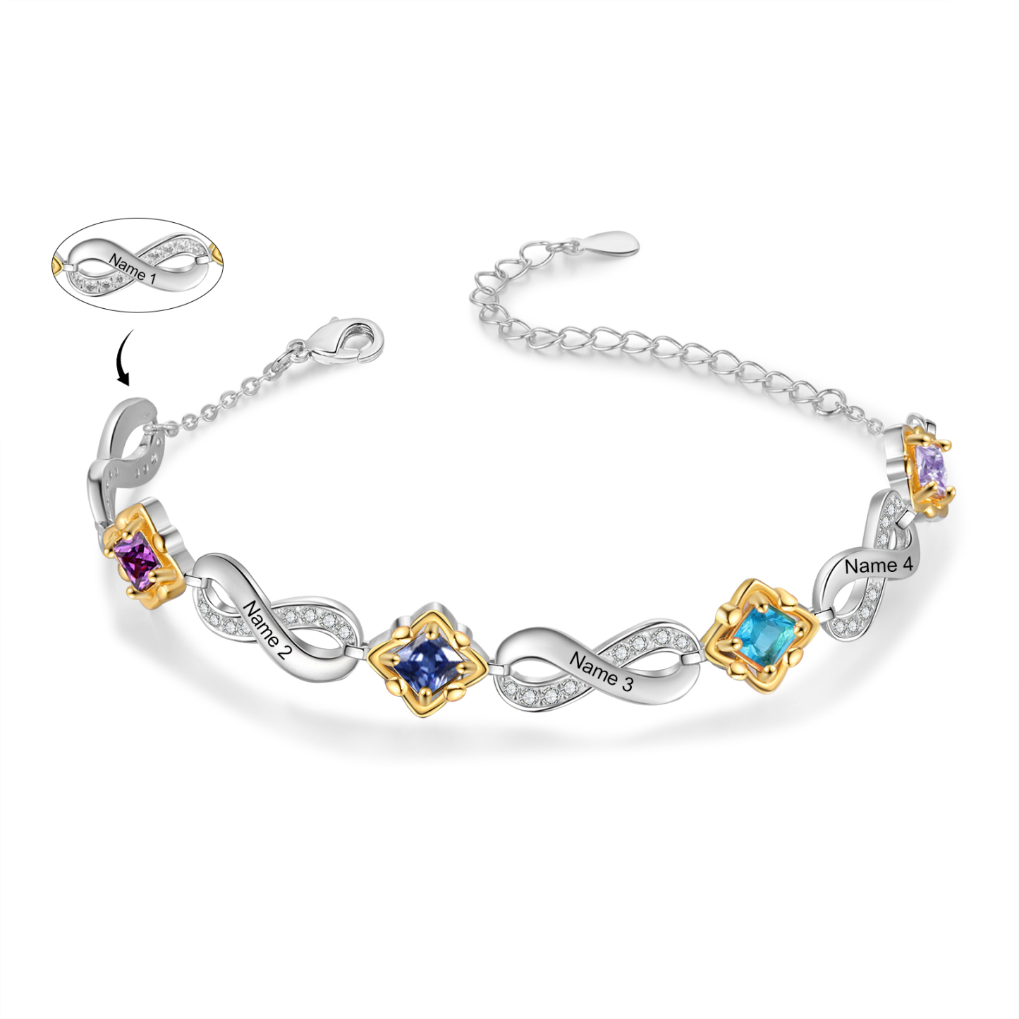 Personalisierte 2-4 Namen & Geburtsstein Unendlichkeit Armband mit Zirkonia