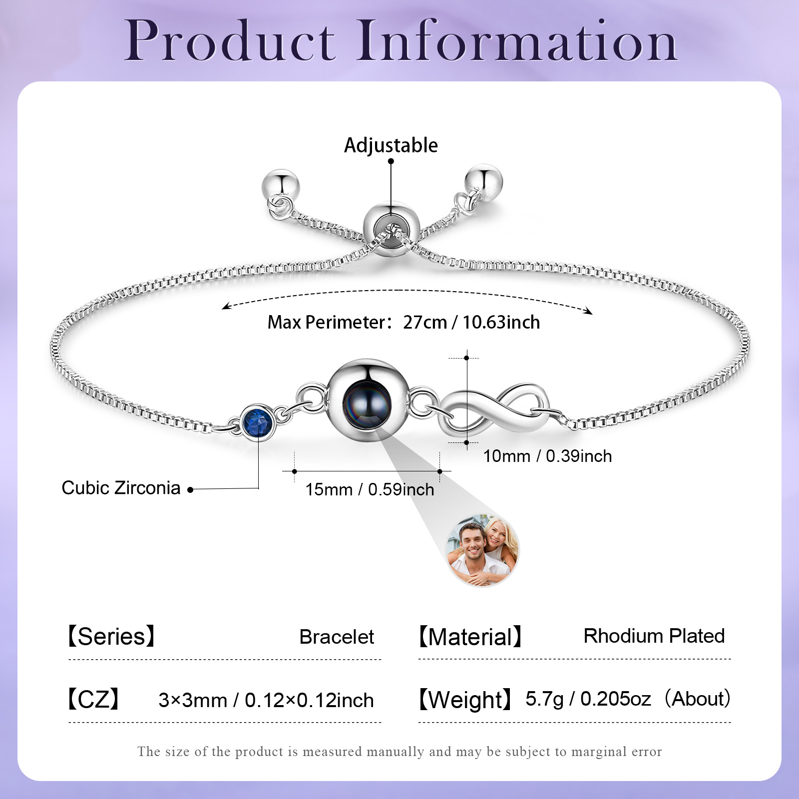 Personalisiertes Foto & Geburtsstein Projektion Silber/ Rosagold Armband mit Unendlichkeits-Symbol