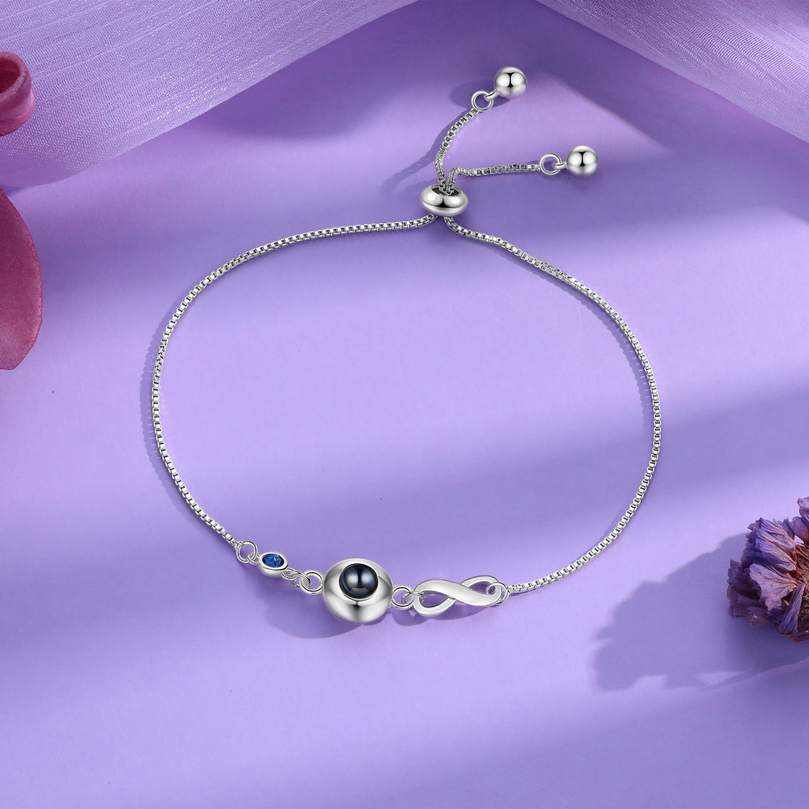 Personalisiertes Foto & Geburtsstein Projektion Silber/ Rosagold Armband mit Unendlichkeits-Symbol