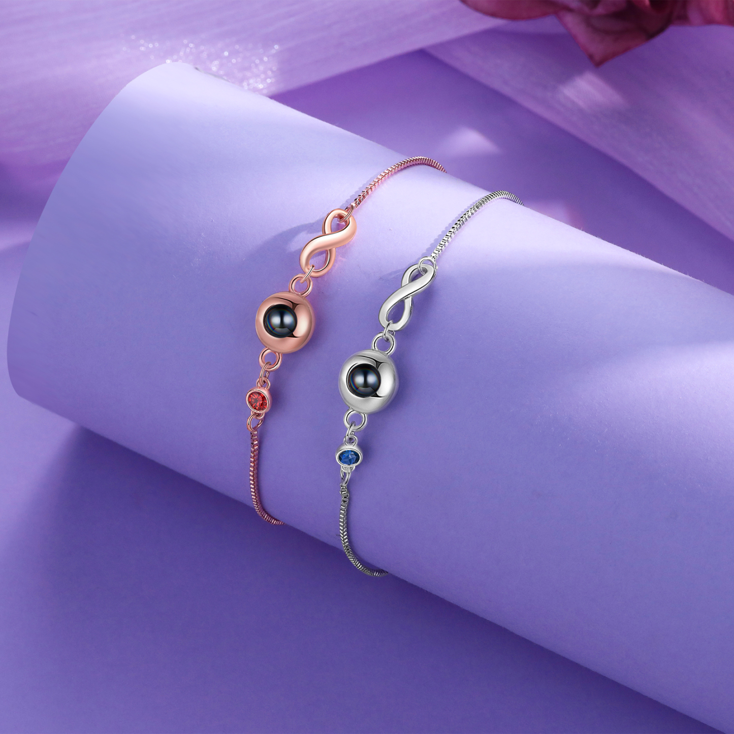 Personalisiertes Foto & Geburtsstein Projektion Silber/ Rosagold Armband mit Unendlichkeits-Symbol