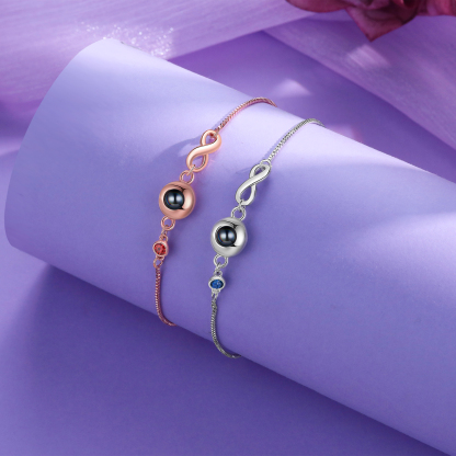 Personalisiertes Foto & Geburtsstein Projektion Silber/ Rosagold Armband mit Unendlichkeits-Symbol