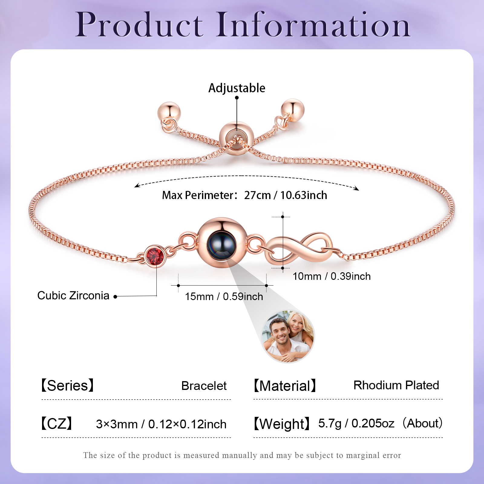 Personalisiertes Foto & Geburtsstein Projektion Silber/ Rosagold Armband mit Unendlichkeits-Symbol