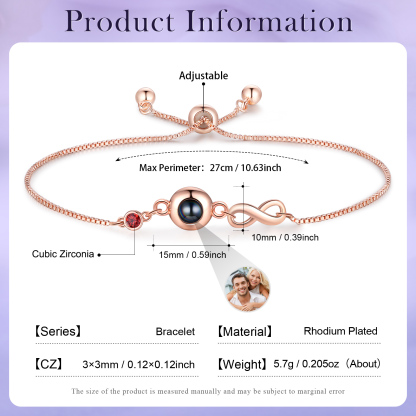 Personalisiertes Foto & Geburtsstein Projektion Silber/ Rosagold Armband mit Unendlichkeits-Symbol