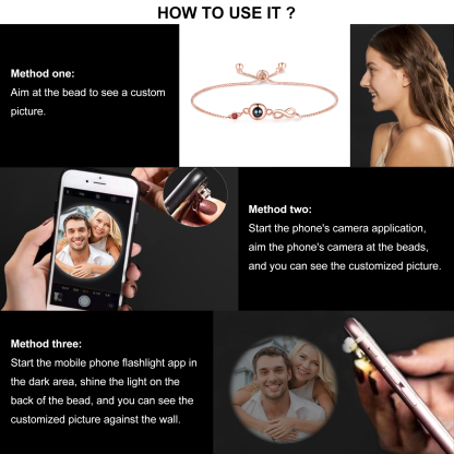 Personalisiertes Foto & Geburtsstein Projektion Silber/ Rosagold Armband mit Unendlichkeits-Symbol