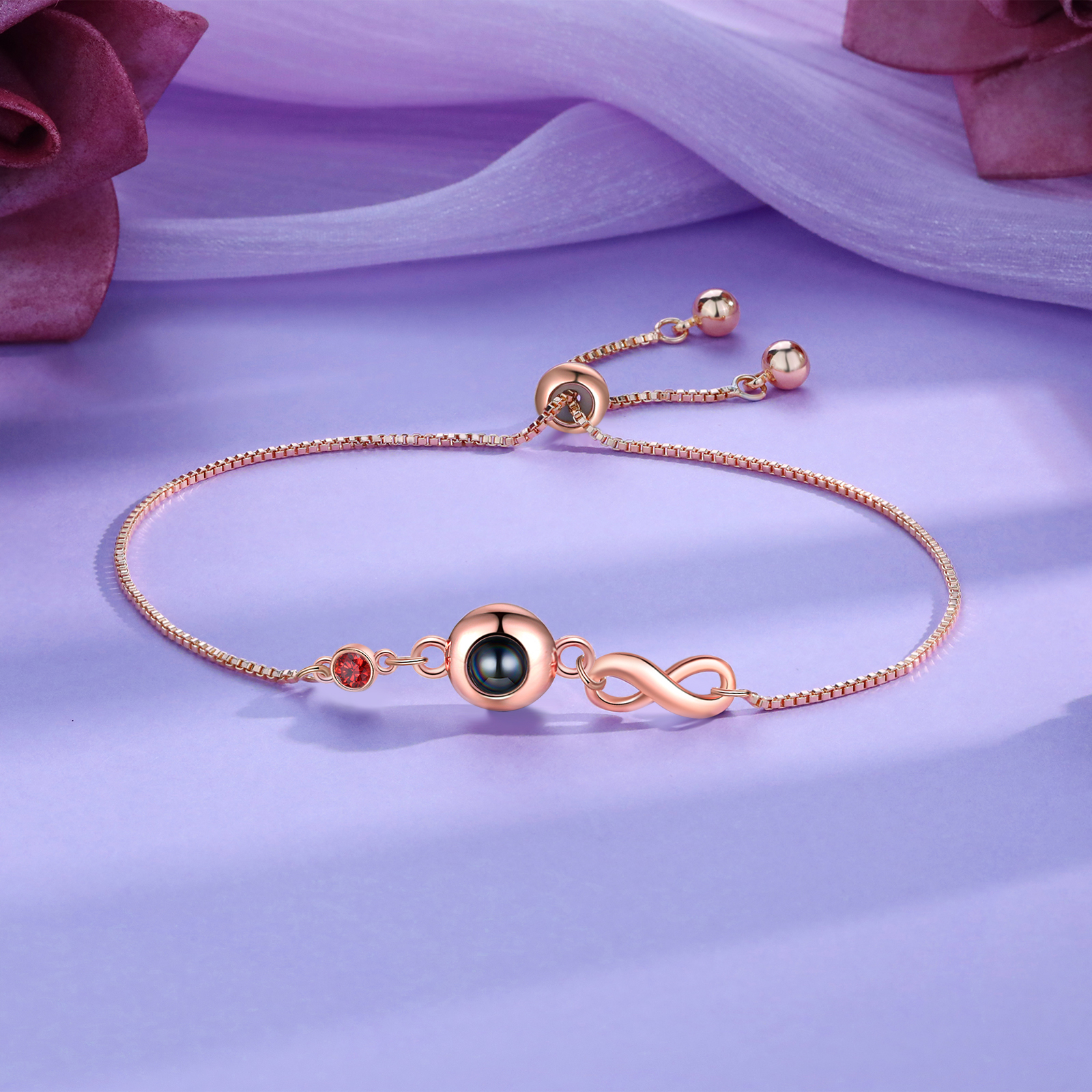 Personalisiertes Foto & Geburtsstein Projektion Silber/ Rosagold Armband mit Unendlichkeits-Symbol