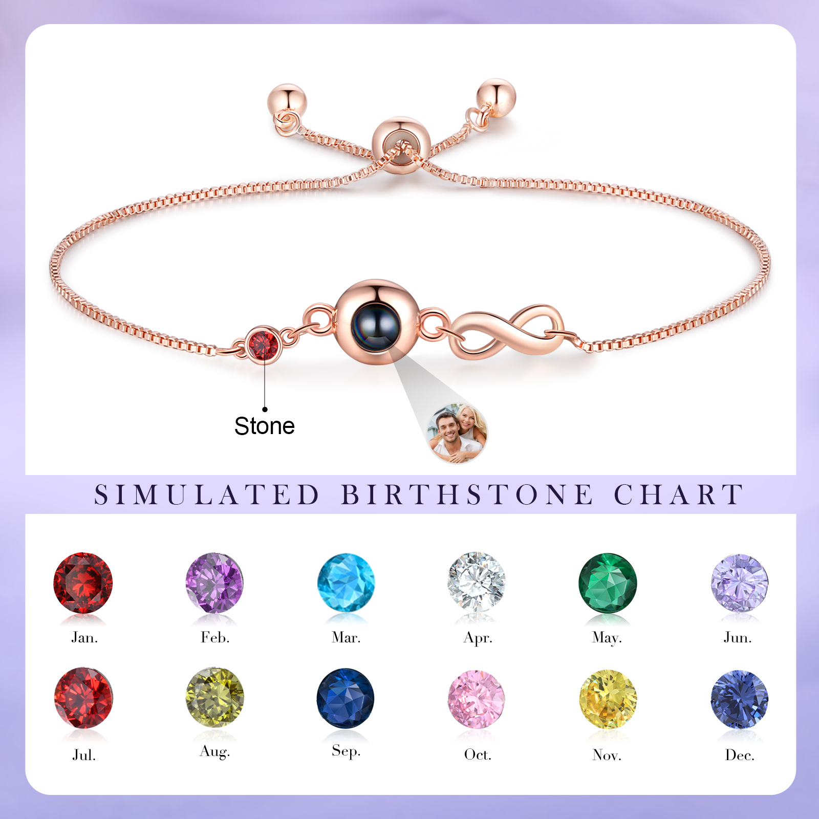 Personalisiertes Foto & Geburtsstein Projektion Silber/ Rosagold Armband mit Unendlichkeits-Symbol