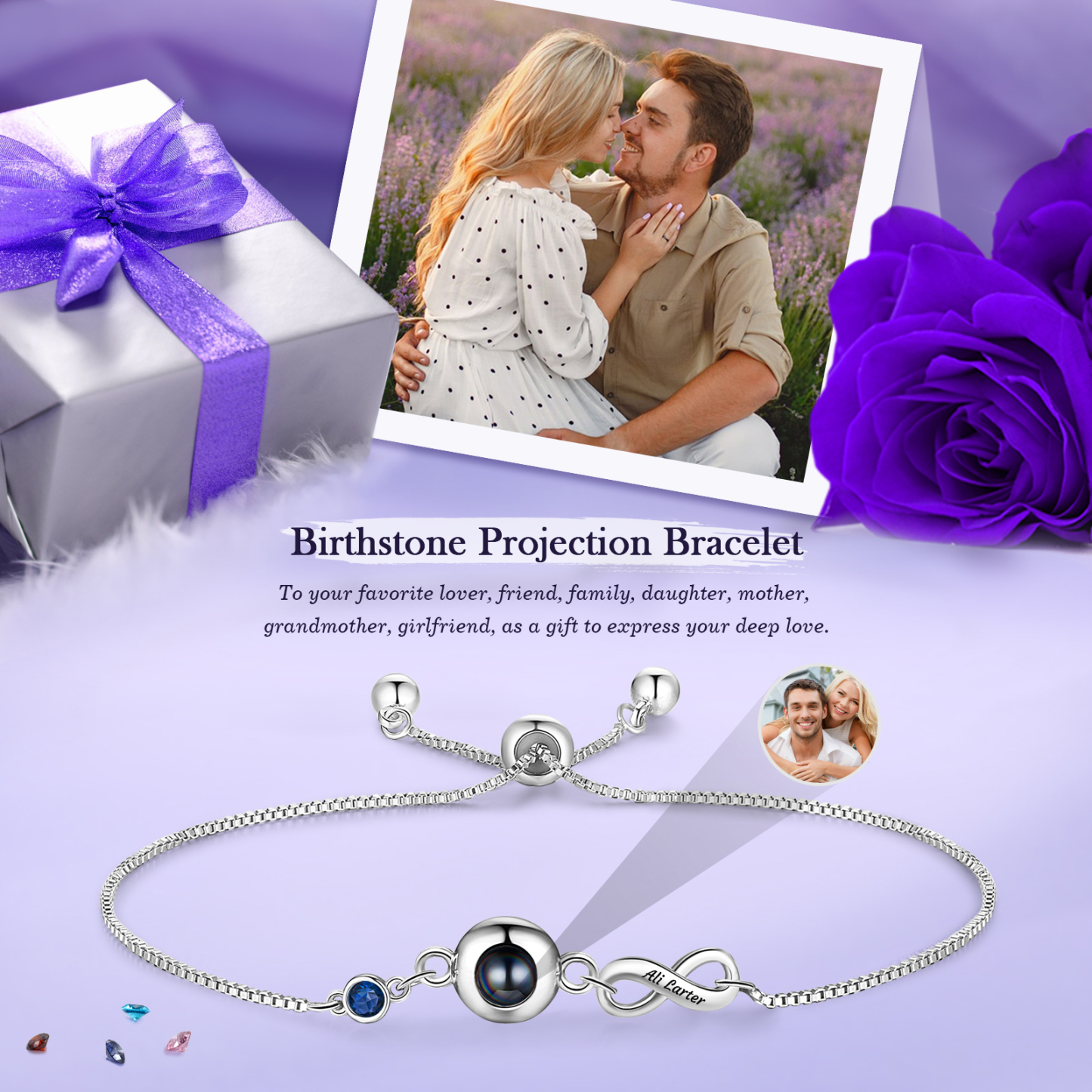 Personalisierter Name & Foto & Geburtsstein Silber/ Rosagold Projektion Armband mit Unendlichkeitssymbol