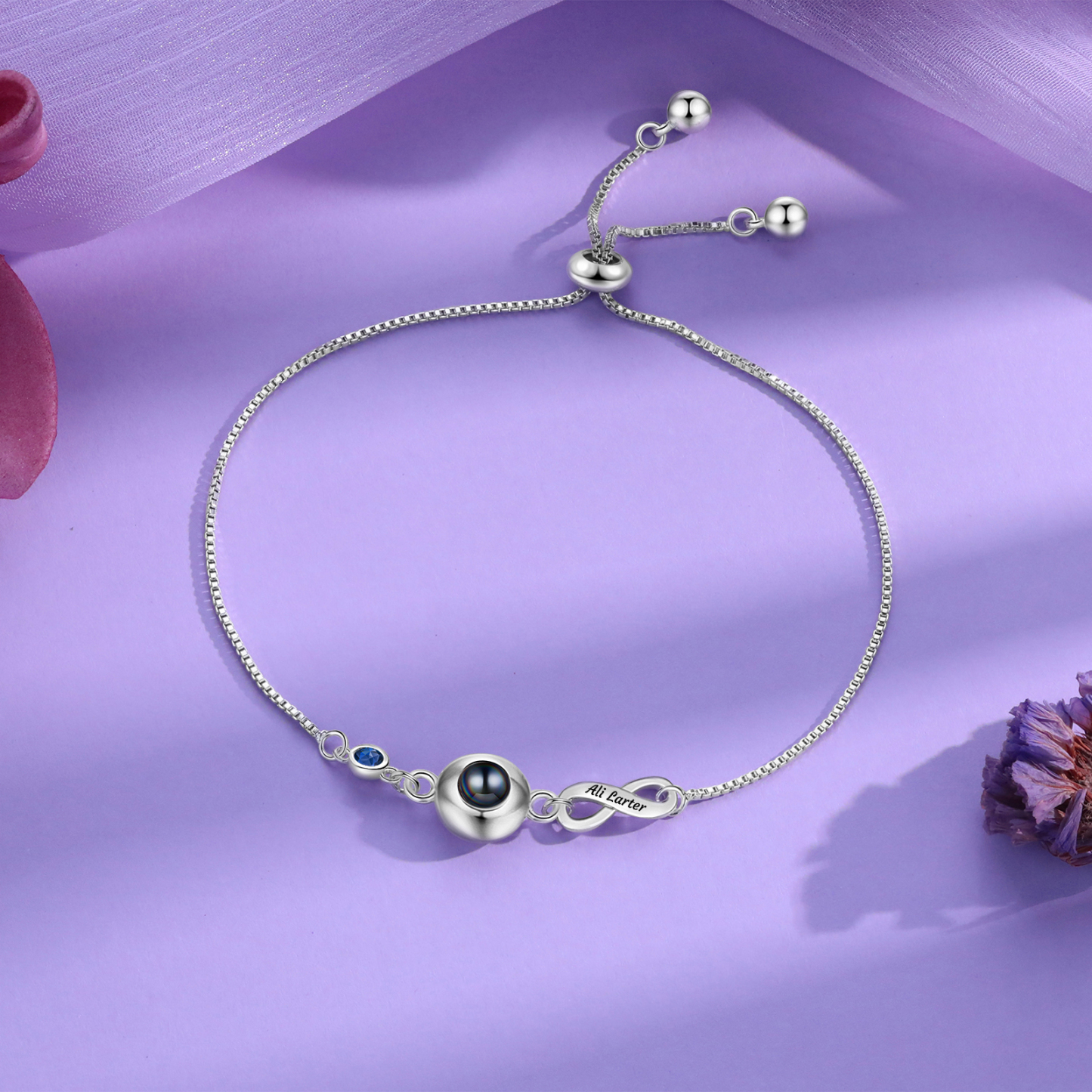 Personalisierter Name & Foto & Geburtsstein Silber/ Rosagold Projektion Armband mit Unendlichkeitssymbol