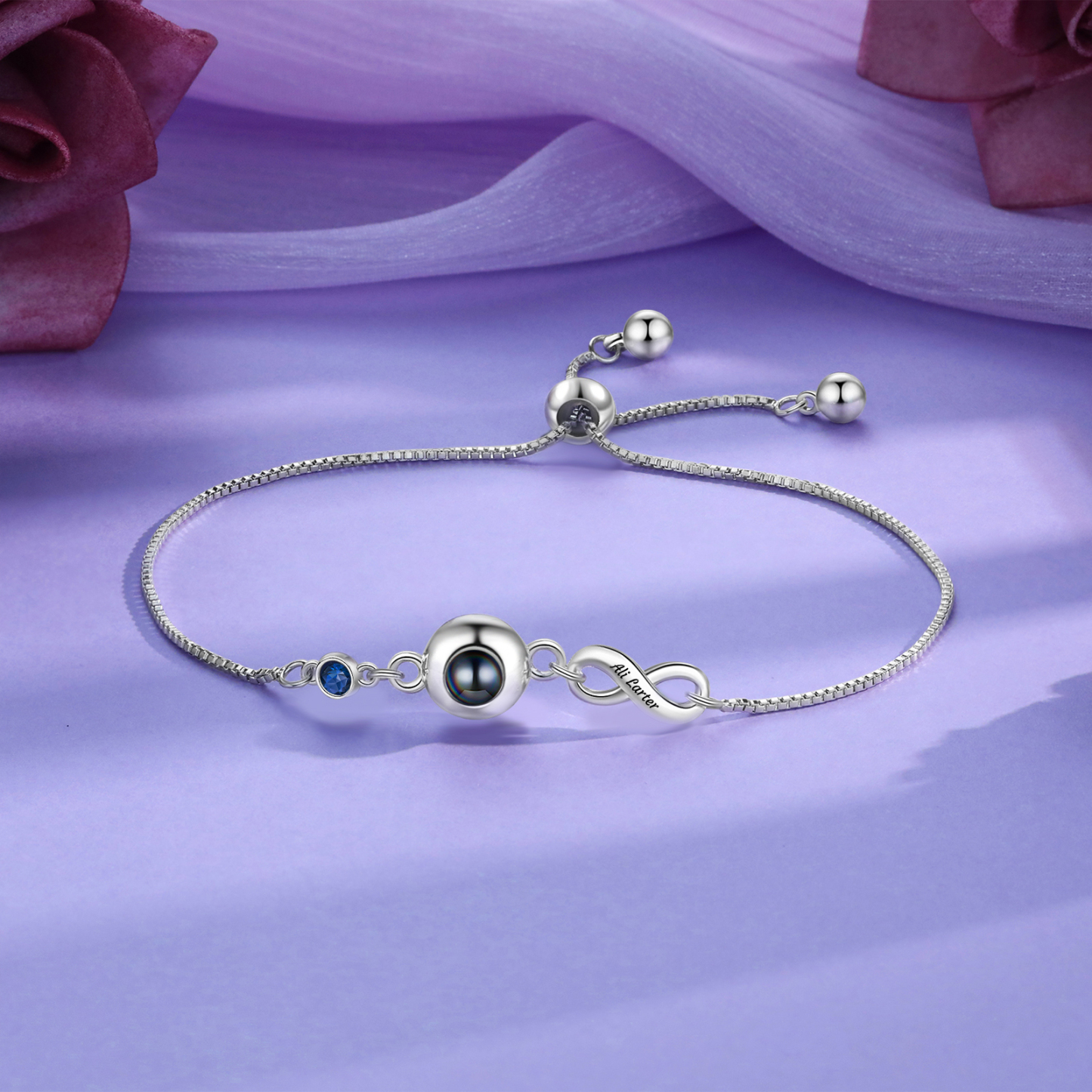 Personalisierter Name & Foto & Geburtsstein Silber/ Rosagold Projektion Armband mit Unendlichkeitssymbol