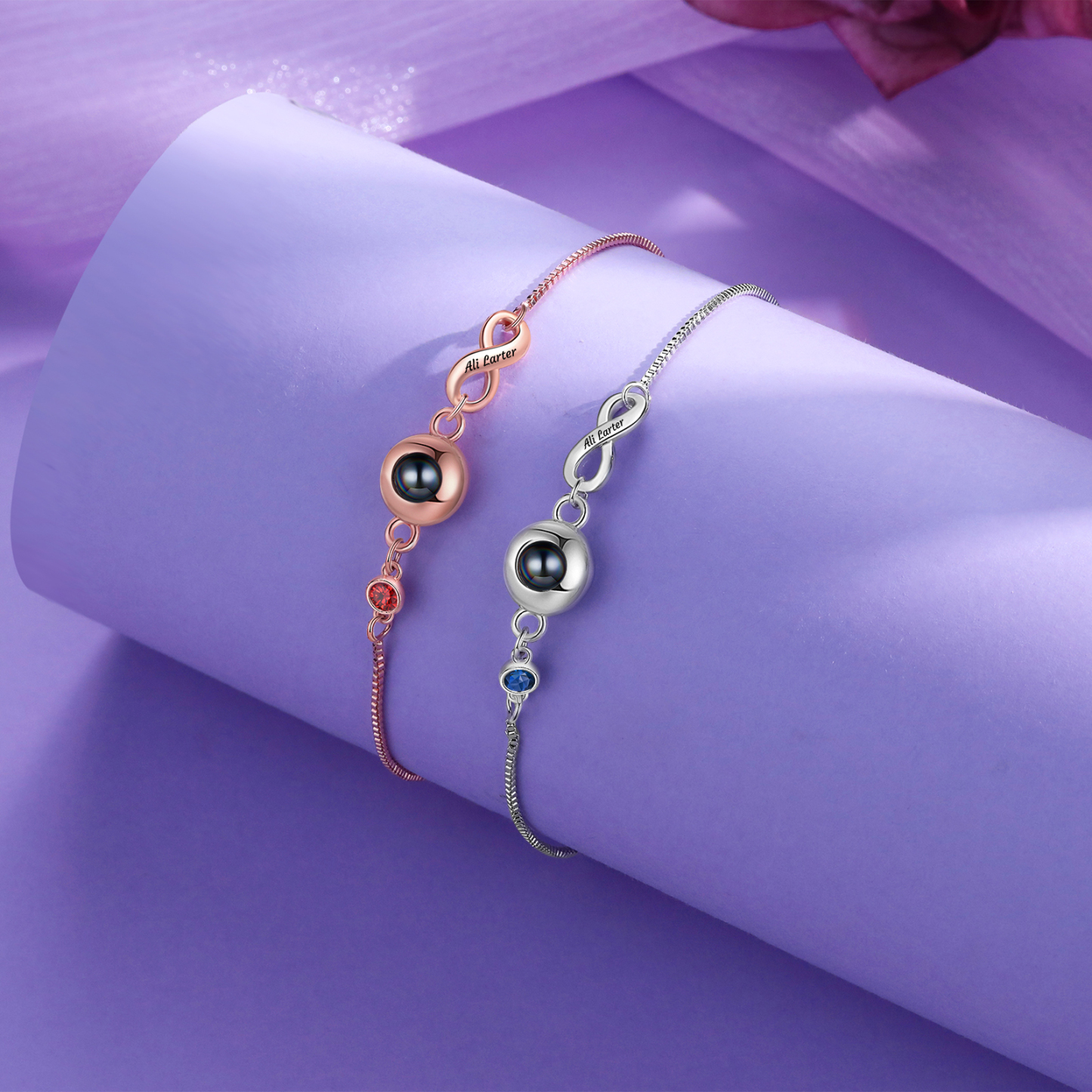 Personalisierter Name & Foto & Geburtsstein Silber/ Rosagold Projektion Armband mit Unendlichkeitssymbol