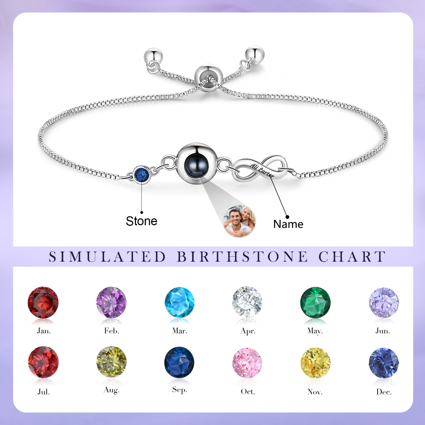 Personalisierter Name & Foto & Geburtsstein Silber/ Rosagold Projektion Armband mit Unendlichkeitssymbol