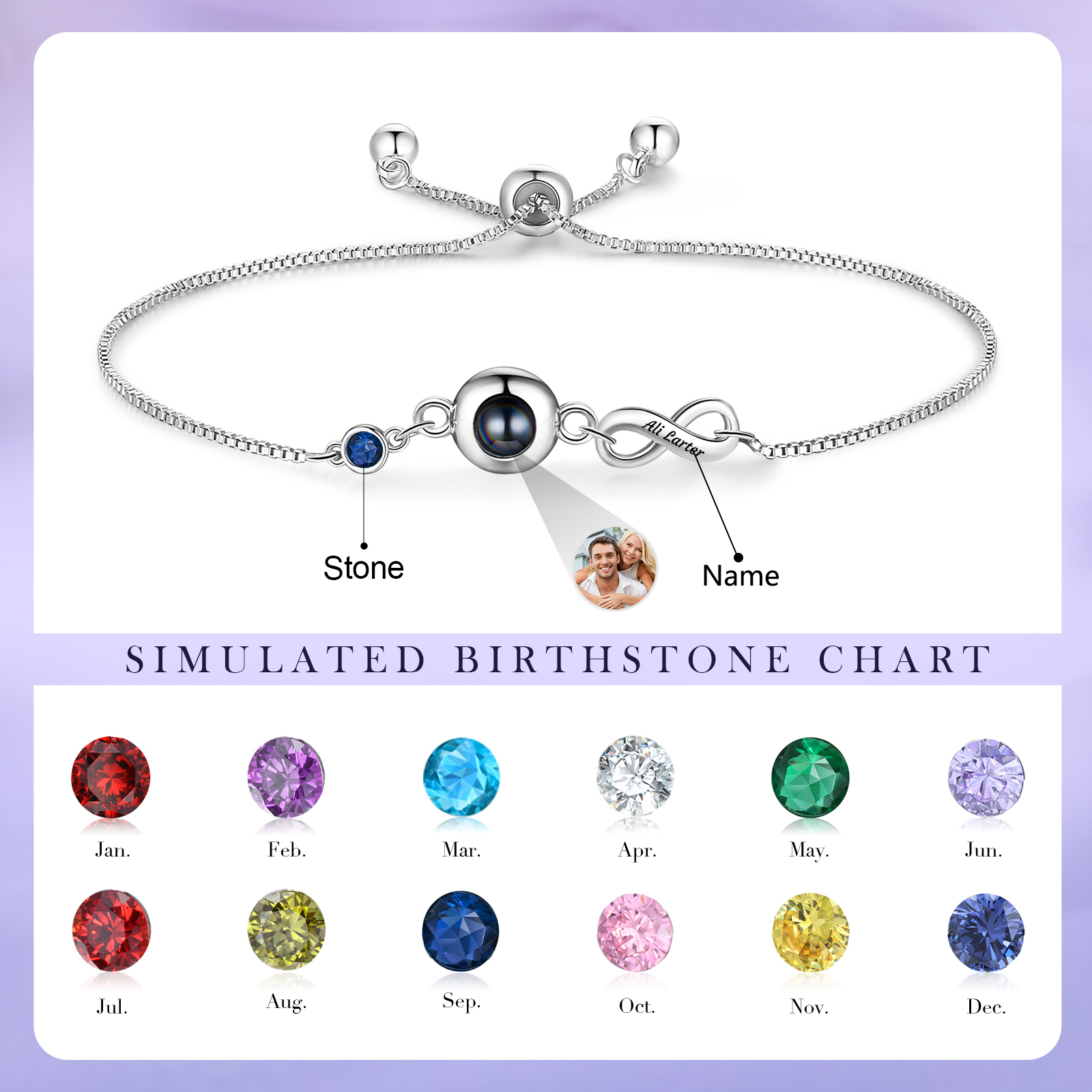 Personalisierter Name & Foto & Geburtsstein Silber/ Rosagold Projektion Armband mit Unendlichkeitssymbol