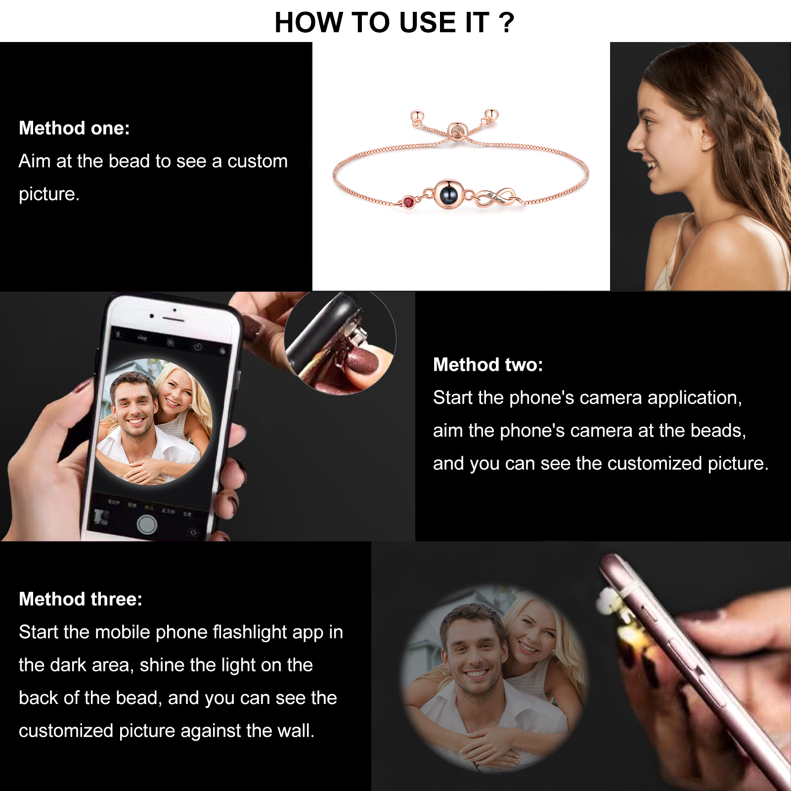 Personalisierter Name & Foto & Geburtsstein Silber/ Rosagold Projektion Armband mit Unendlichkeitssymbol