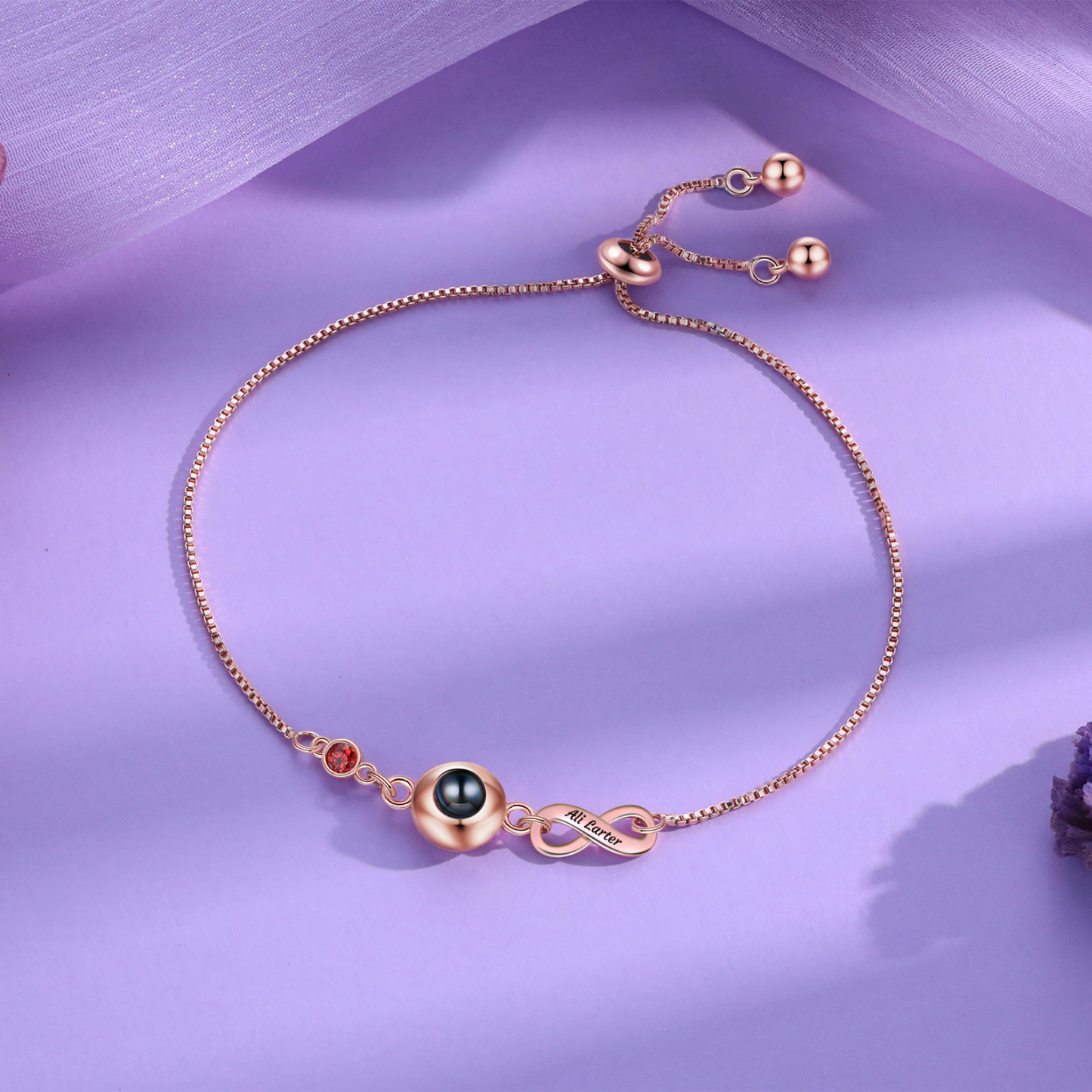 Personalisierter Name & Foto & Geburtsstein Silber/ Rosagold Projektion Armband mit Unendlichkeitssymbol