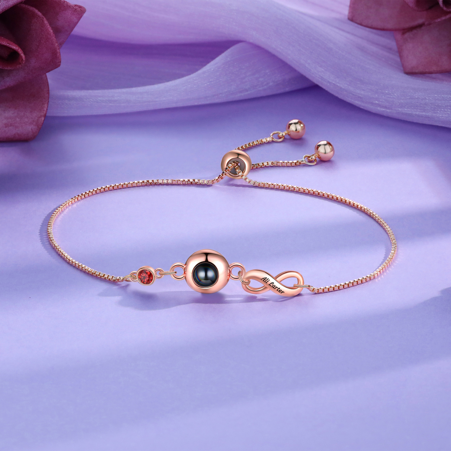 Personalisierter Name & Foto & Geburtsstein Silber/ Rosagold Projektion Armband mit Unendlichkeitssymbol