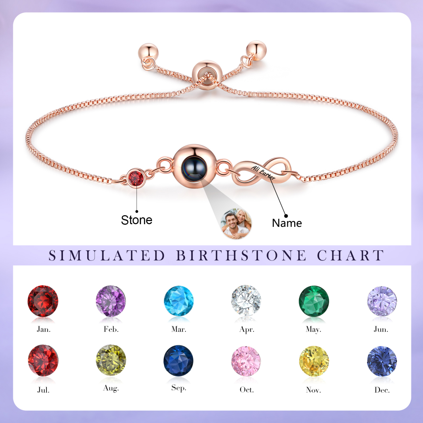 Personalisierter Name & Foto & Geburtsstein Silber/ Rosagold Projektion Armband mit Unendlichkeitssymbol