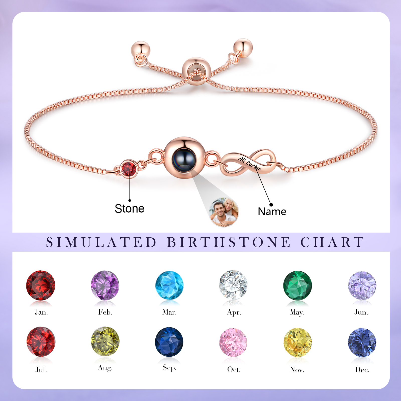 Personalisierter Name & Foto & Geburtsstein Silber/ Rosagold Projektion Armband mit Unendlichkeitssymbol