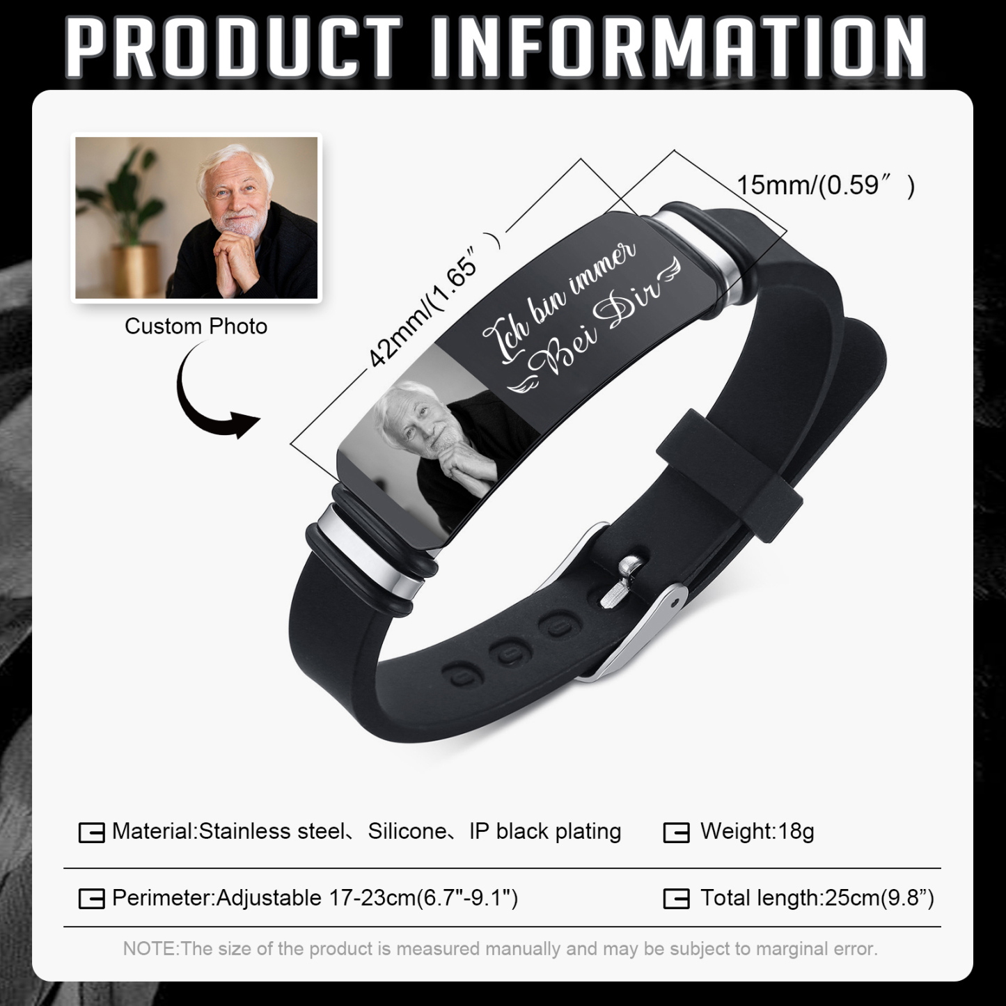 Herren Personalisierter Foto - Ich bin immer bei dir - Edelstahl Silikon Armband zum Andenken