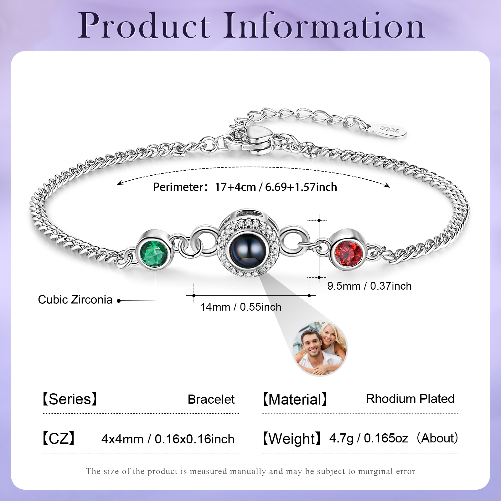 Personalisiertes Foto & 2 Geburtssteine Projektion Silber/ Golden/ Rosagold Armband