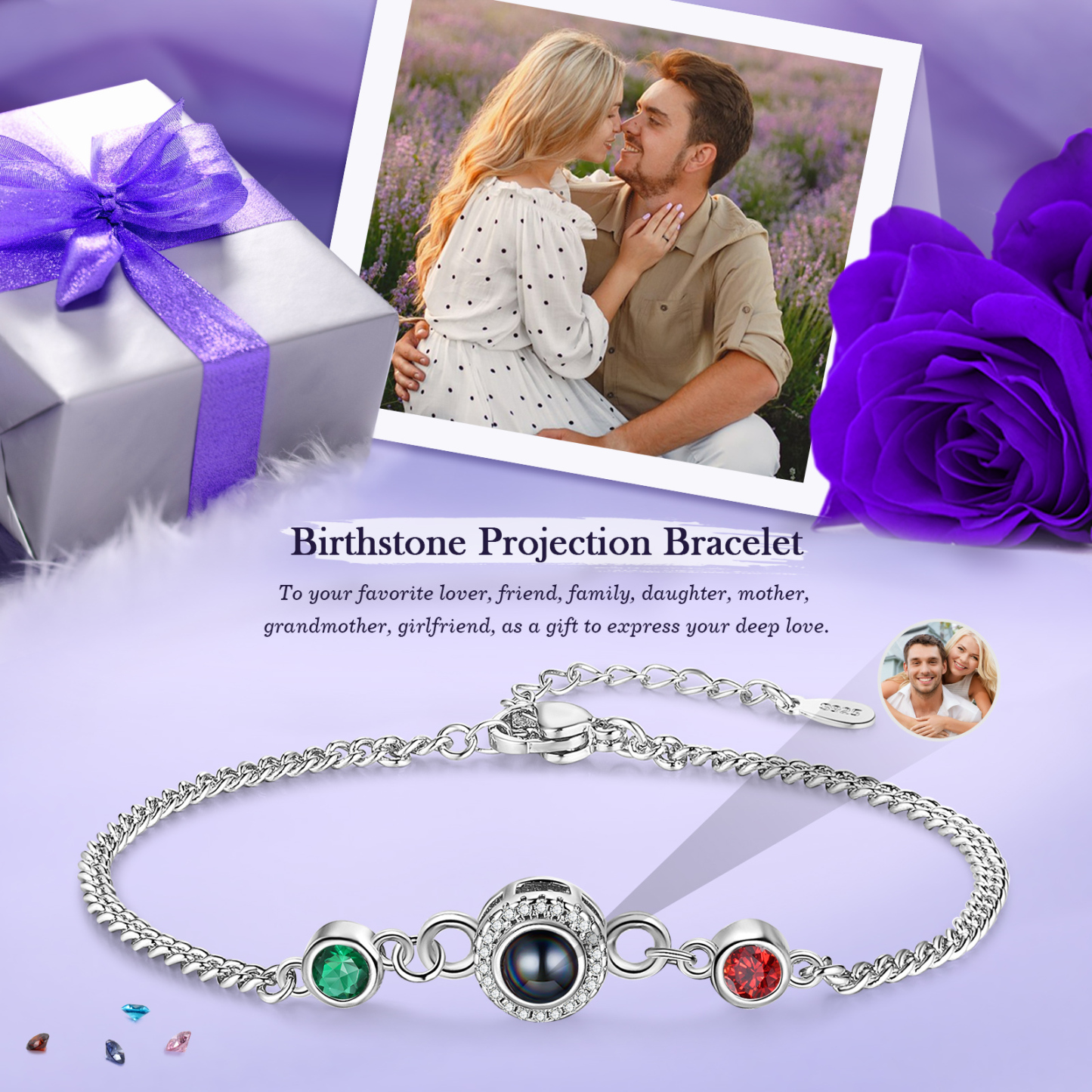 Personalisiertes Foto & 2 Geburtssteine Projektion Silber/ Golden/ Rosagold Armband