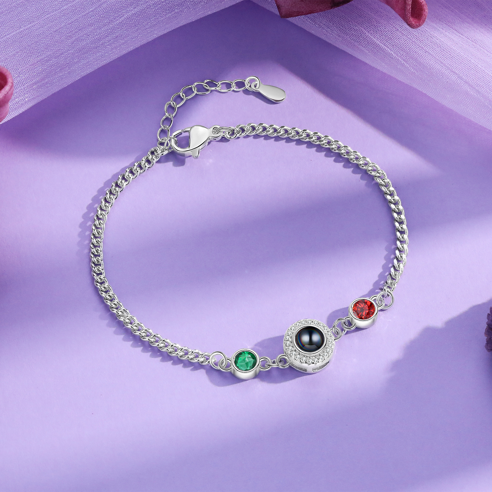 Personalisiertes Foto & 2 Geburtssteine Projektion Silber/ Golden/ Rosagold Armband