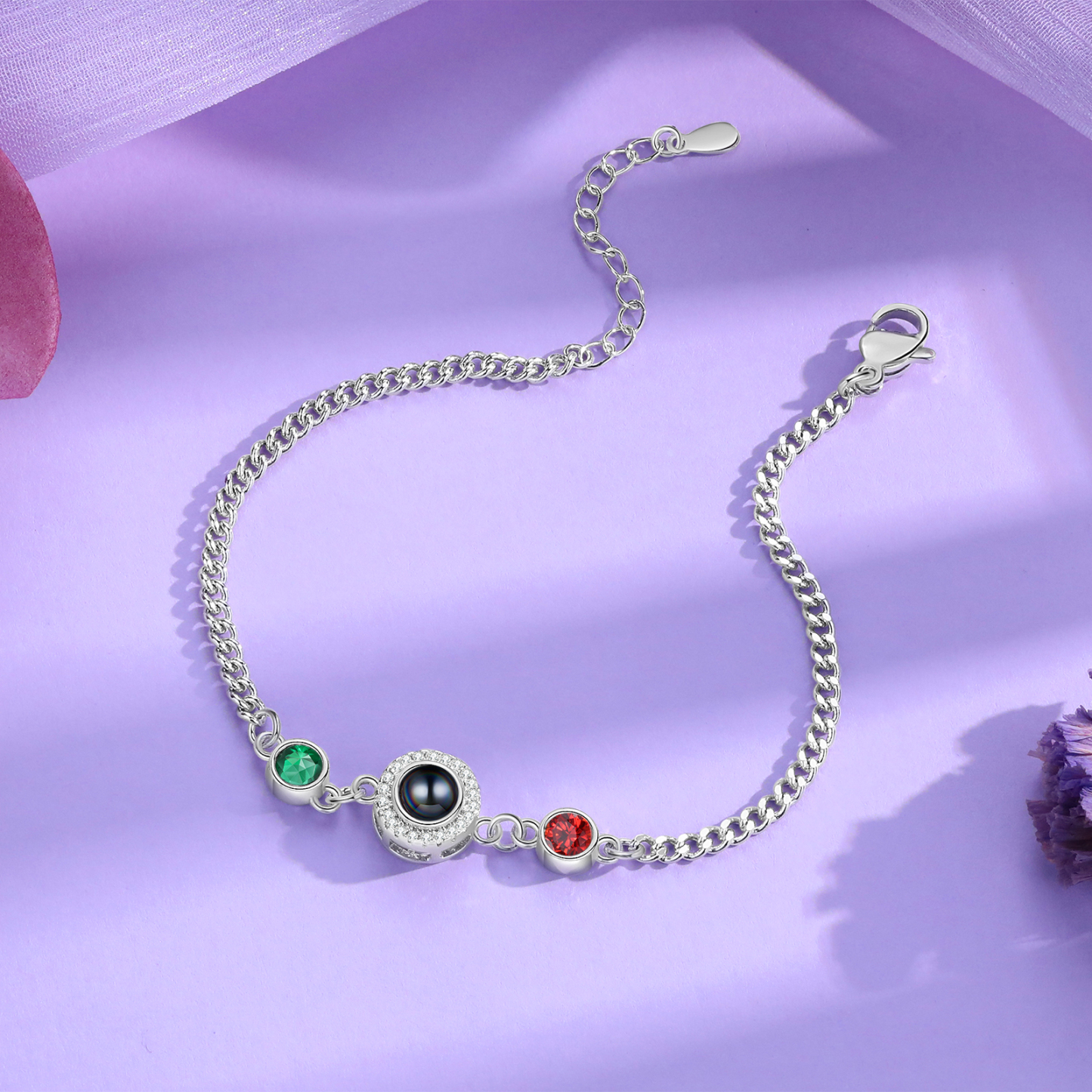 Personalisiertes Foto & 2 Geburtssteine Projektion Silber/ Golden/ Rosagold Armband