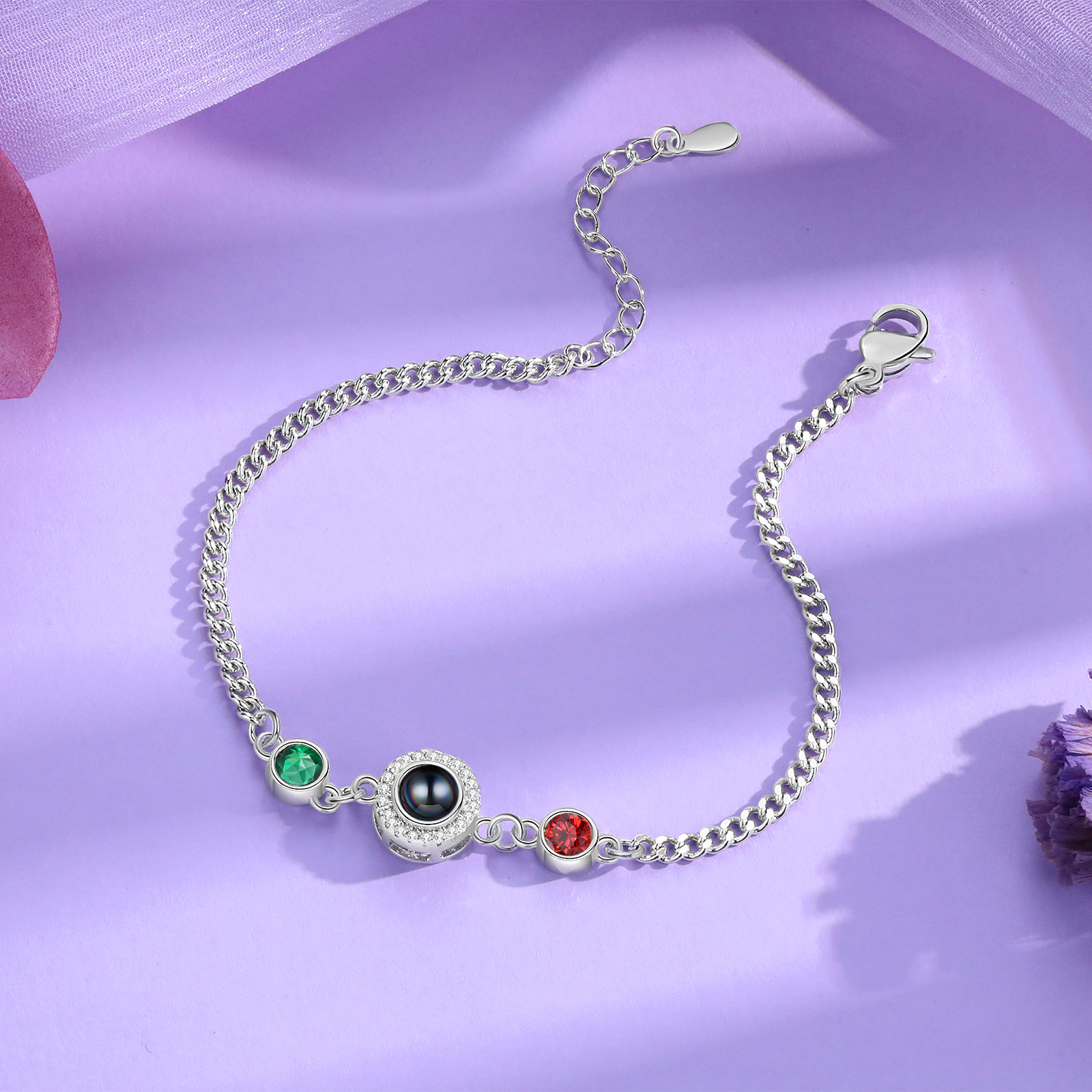 Personalisiertes Foto & 2 Geburtssteine Projektion Silber/ Golden/ Rosagold Armband