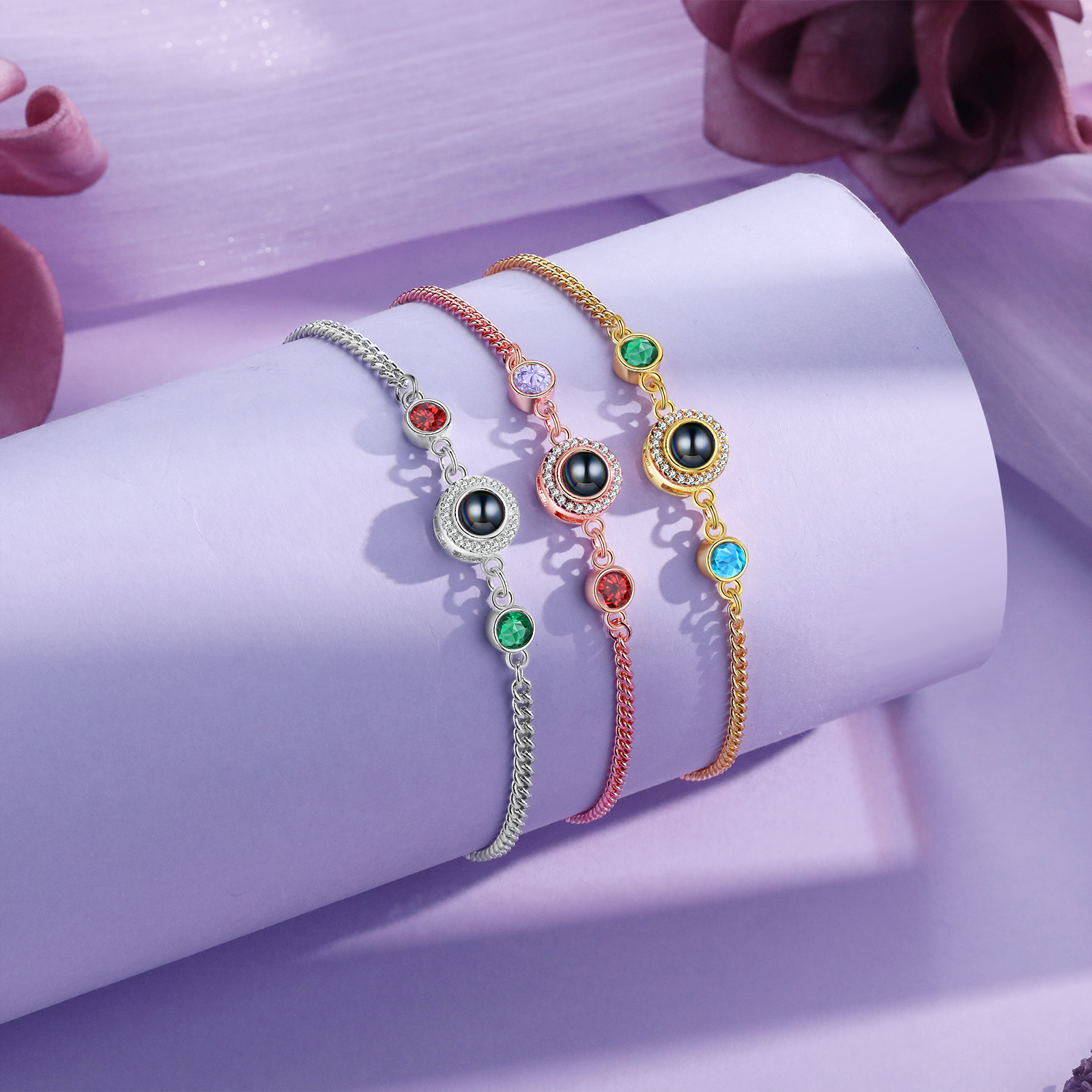 Personalisiertes Foto & 2 Geburtssteine Projektion Silber/ Golden/ Rosagold Armband