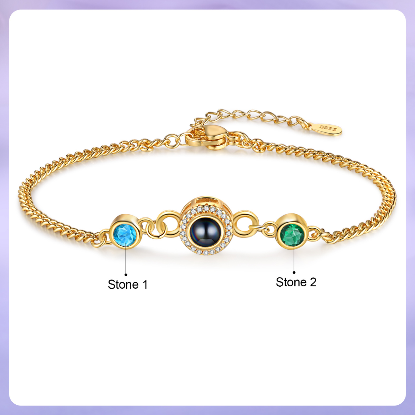 Personalisiertes Foto & 2 Geburtssteine Projektion Silber/ Golden/ Rosagold Armband