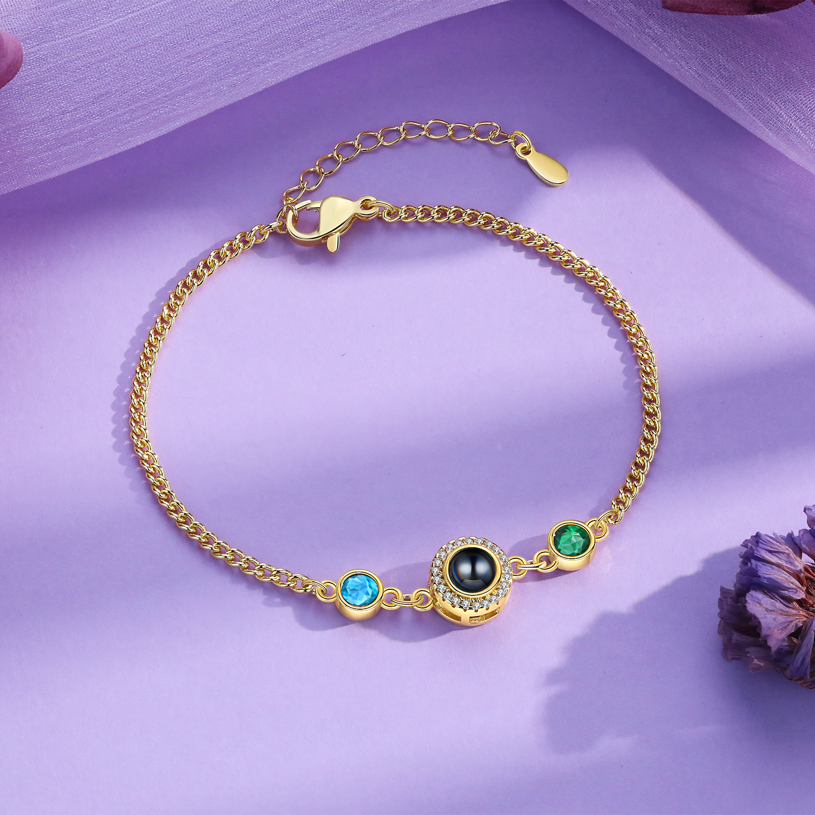 Personalisiertes Foto & 2 Geburtssteine Projektion Silber/ Golden/ Rosagold Armband